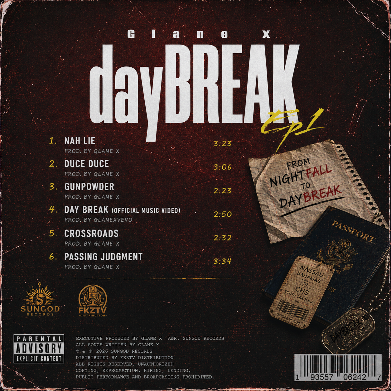Glane X — dayBREAK EP1 back cover with full tracklist