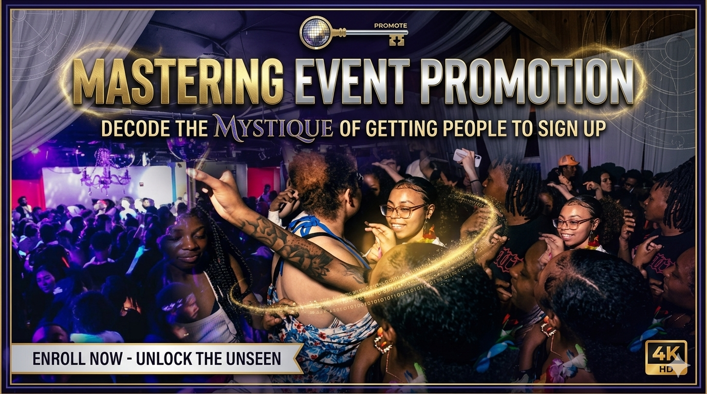 Mastering Event Promotion by Solutions LLC — course cover showing a packed party crowd with the tagline Decode the Mystique of Getting People to Sign Up